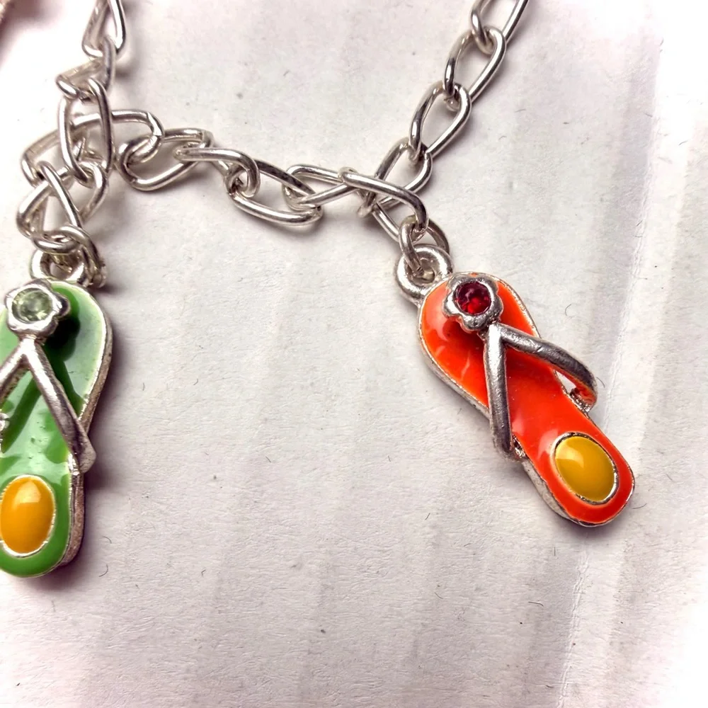 Vintage Silver Tone Enamel Flip Flop Charm Bracelet Sandals‎ Beach Colorful Y2K